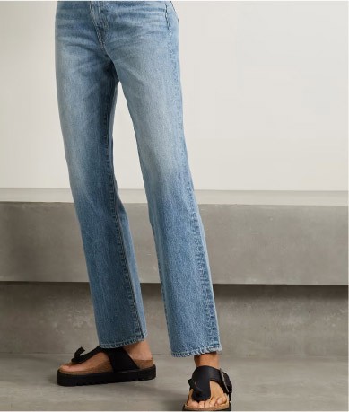 Person wearing blue jeans and black sandals