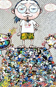 Cartoon boy standing on colorful skull pile