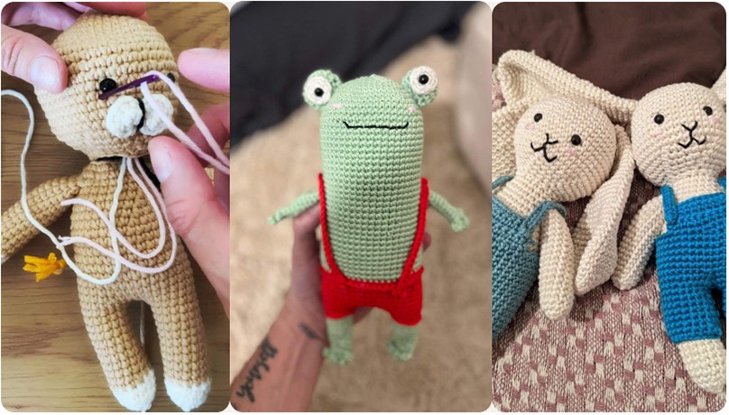 Three crocheted amigurumi dolls in various stages