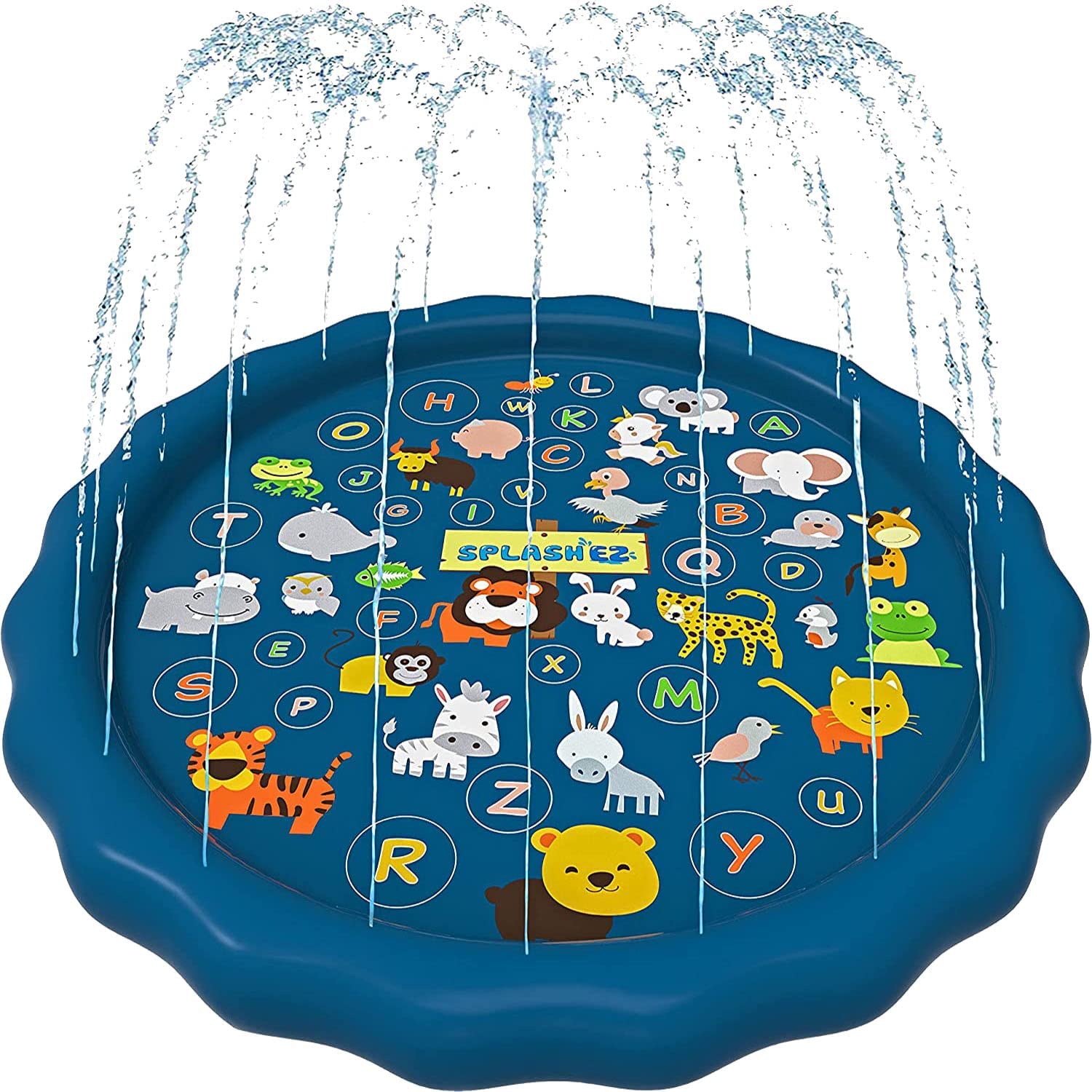 Blue animal-themed water splash pad with spraying jets