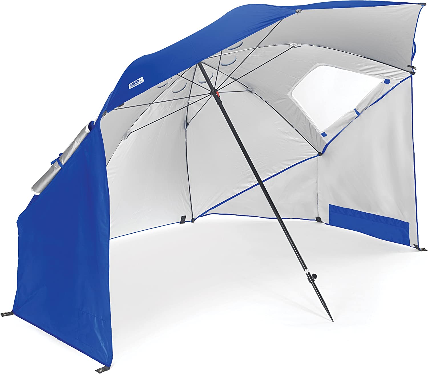 Blue and white portable sun shelter with window