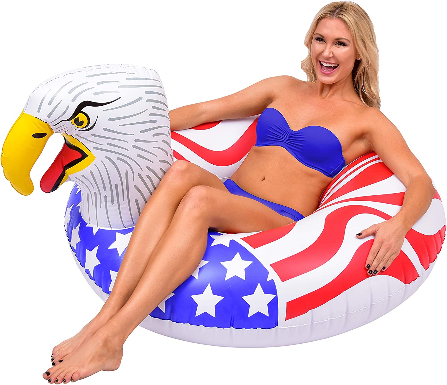 Woman relaxing on American flag inflatable eagle float