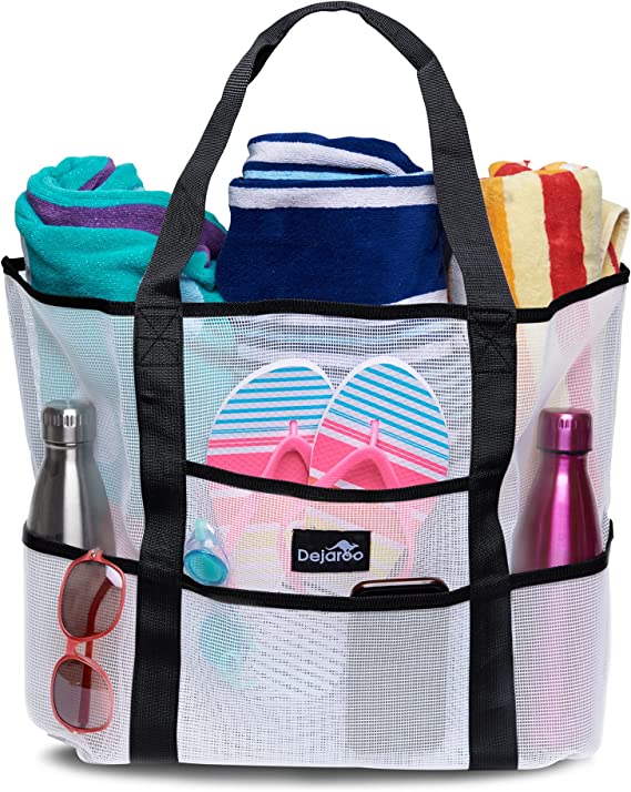 Mesh tote bag with towels, flip-flops, bottles, and sunglasses
