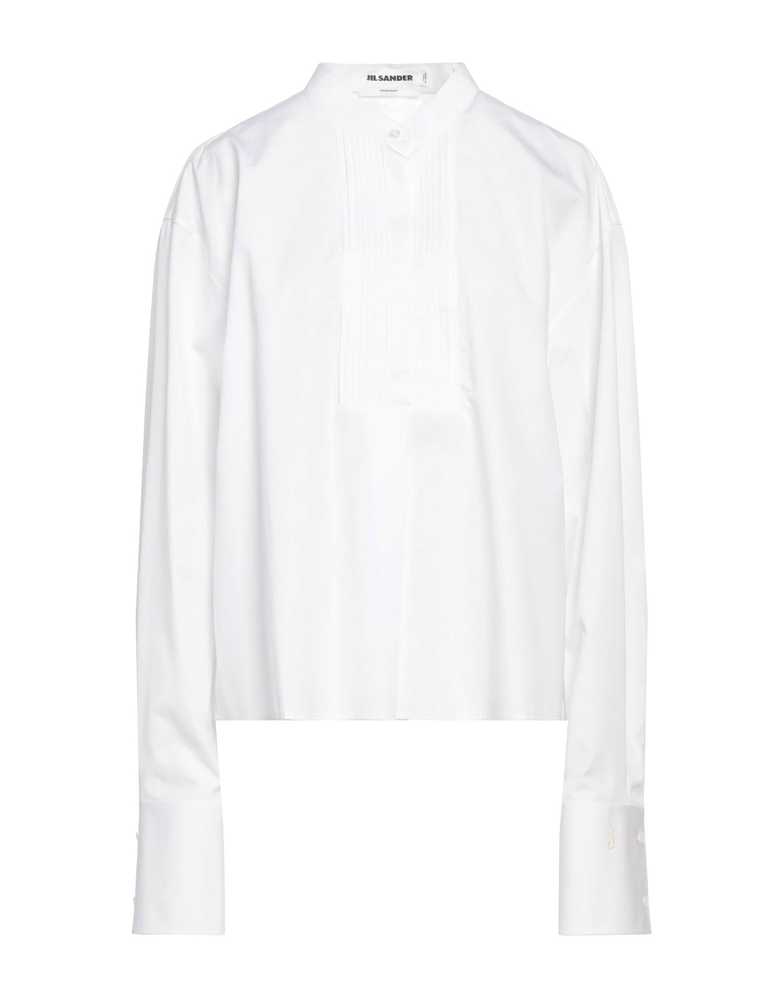 White long-sleeve button-up shirt with pleated front