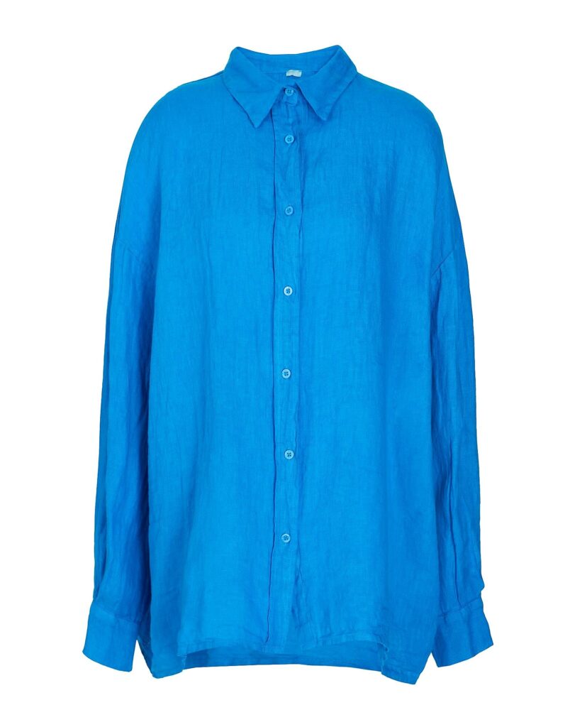 Bright blue loose button-up shirt
