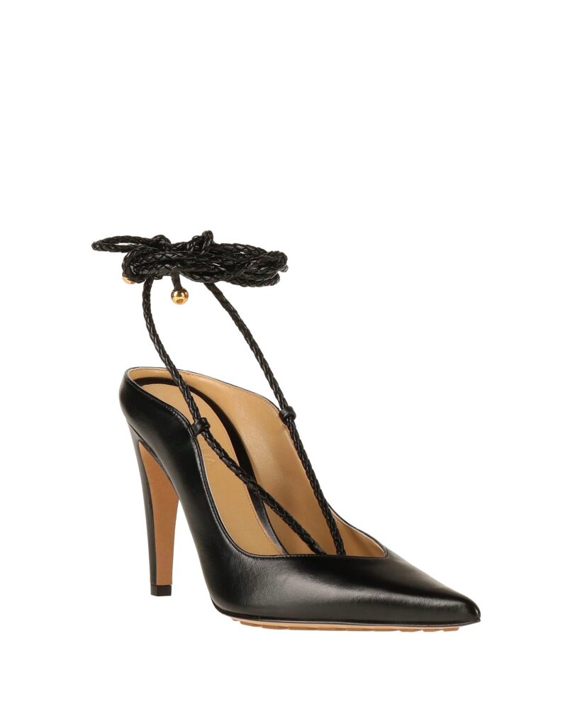 Black high heel shoe with braided ankle straps