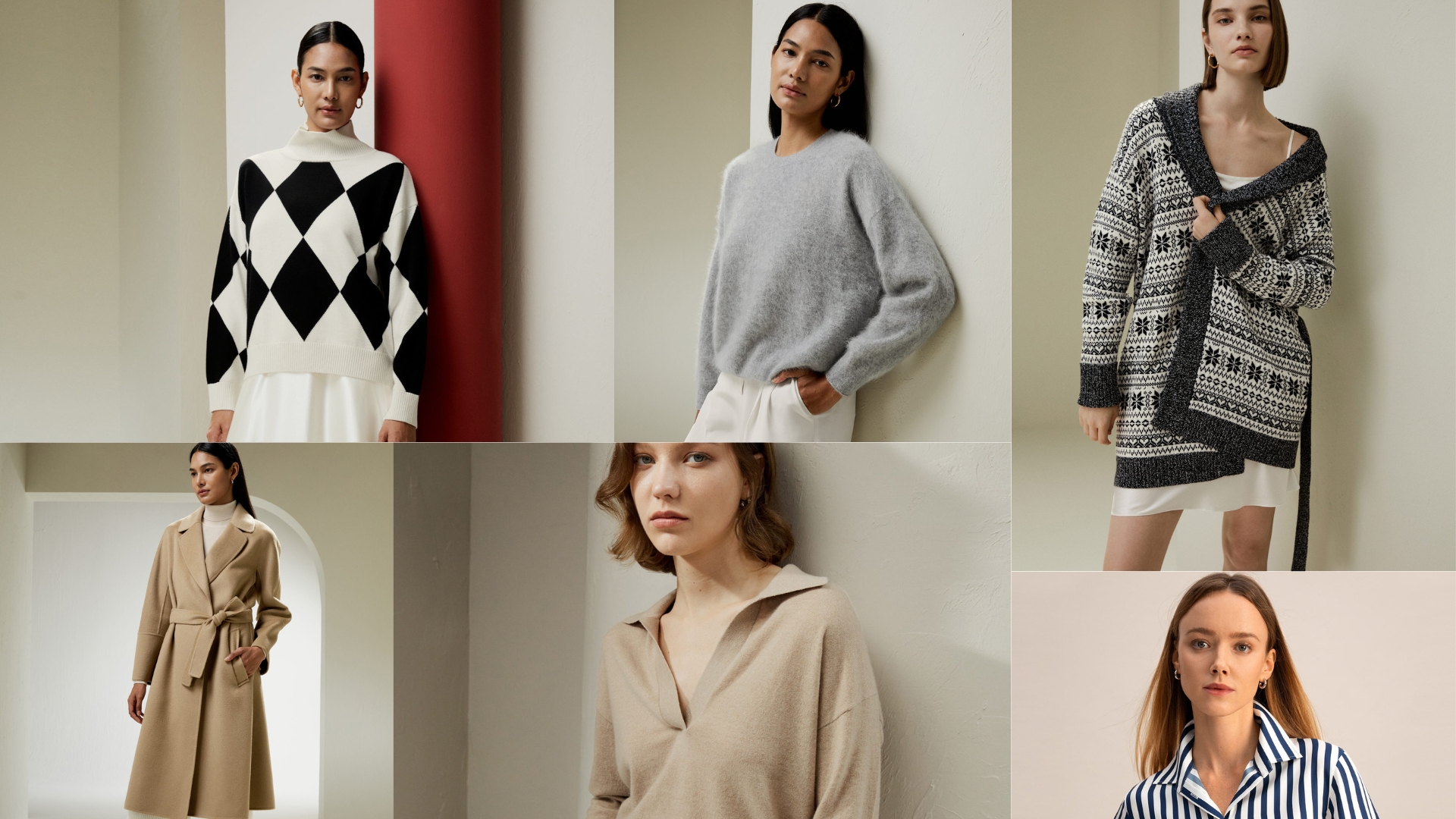 Women modeling various stylish sweaters and coats