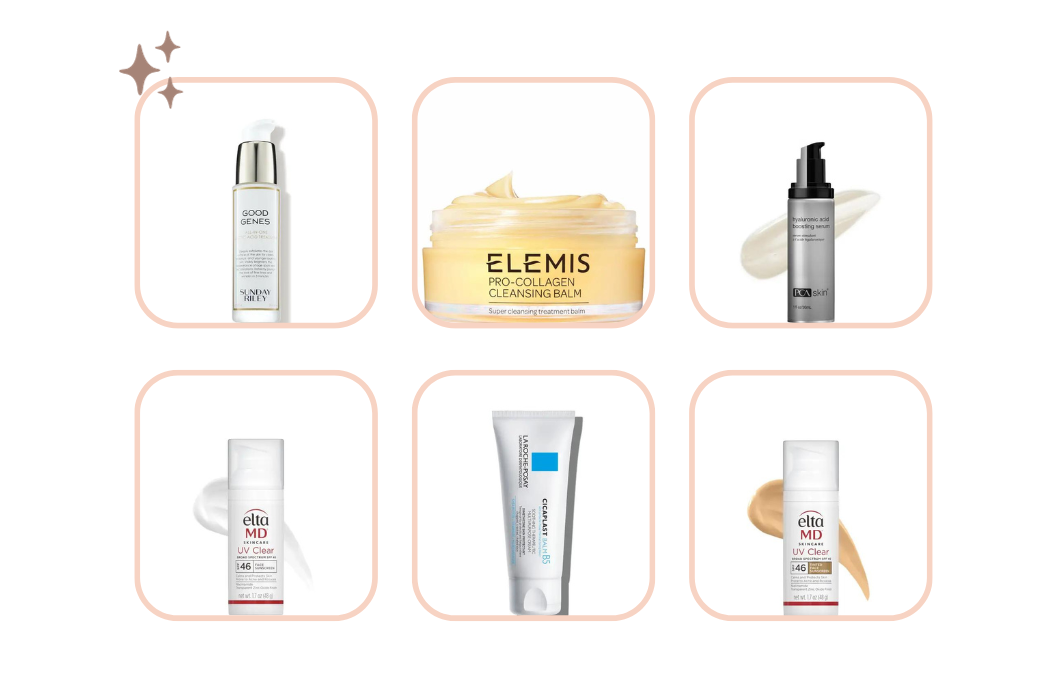 Six skincare products including serums, cleansers, and sunscreens