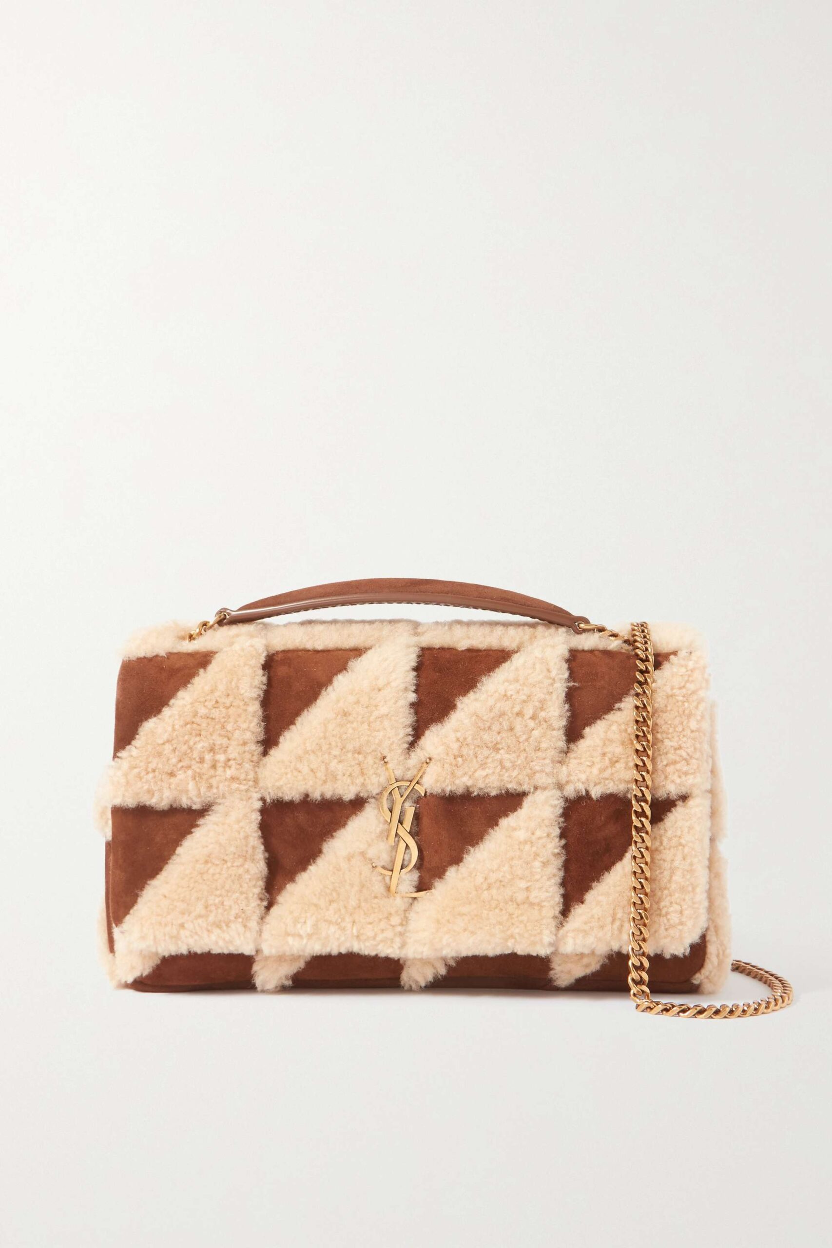 Brown and cream shearling handbag with gold chain