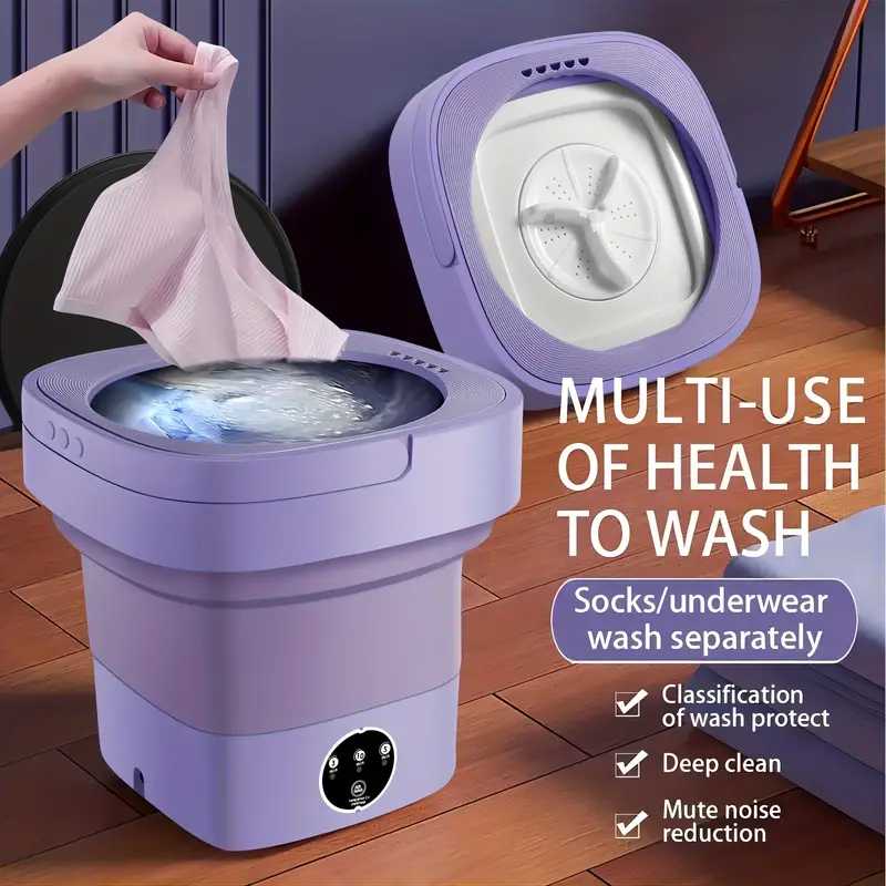 Compact purple washing machine with hand loading clothing