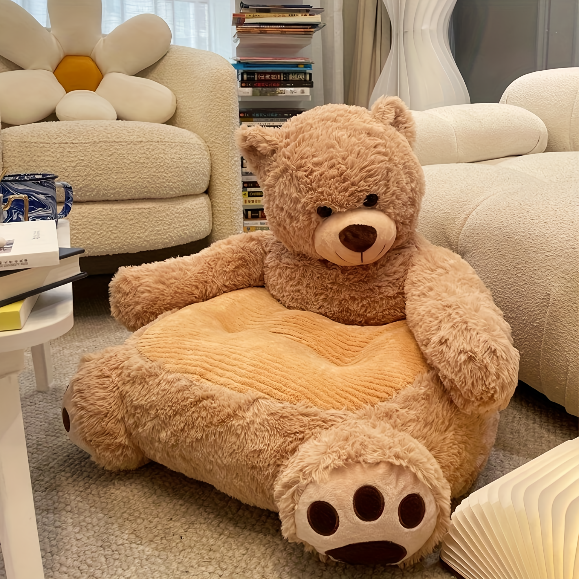 Large plush teddy bear chair in cozy living room