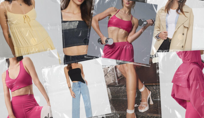 Collage of women's fashion showing dresses, activewear, and outerwear