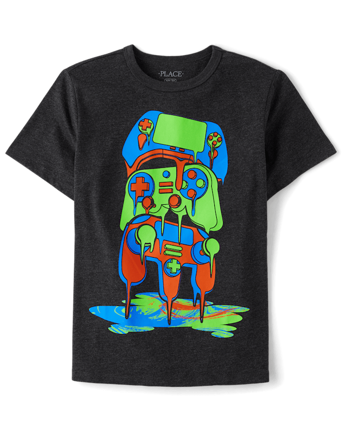 Dark t-shirt with colorful melting video game controllers design