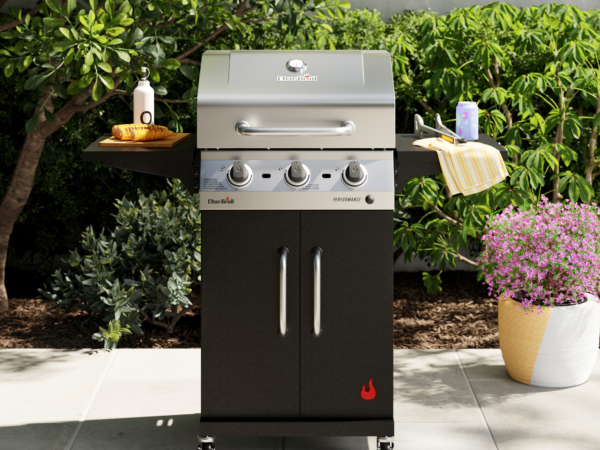 Char-Broil gas grill with corn and drink outdoors