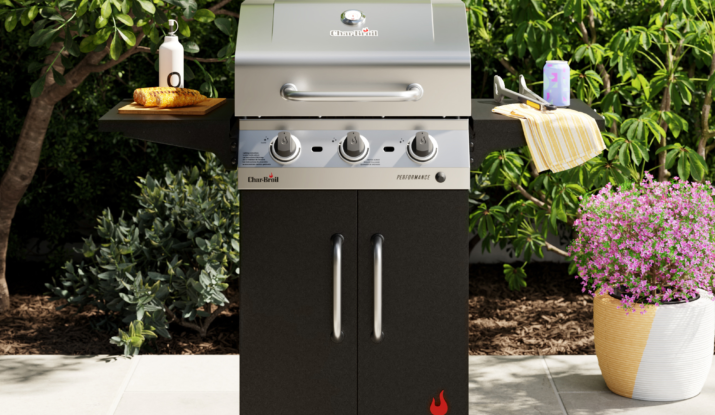 Char-Broil gas grill with corn and drink outdoors