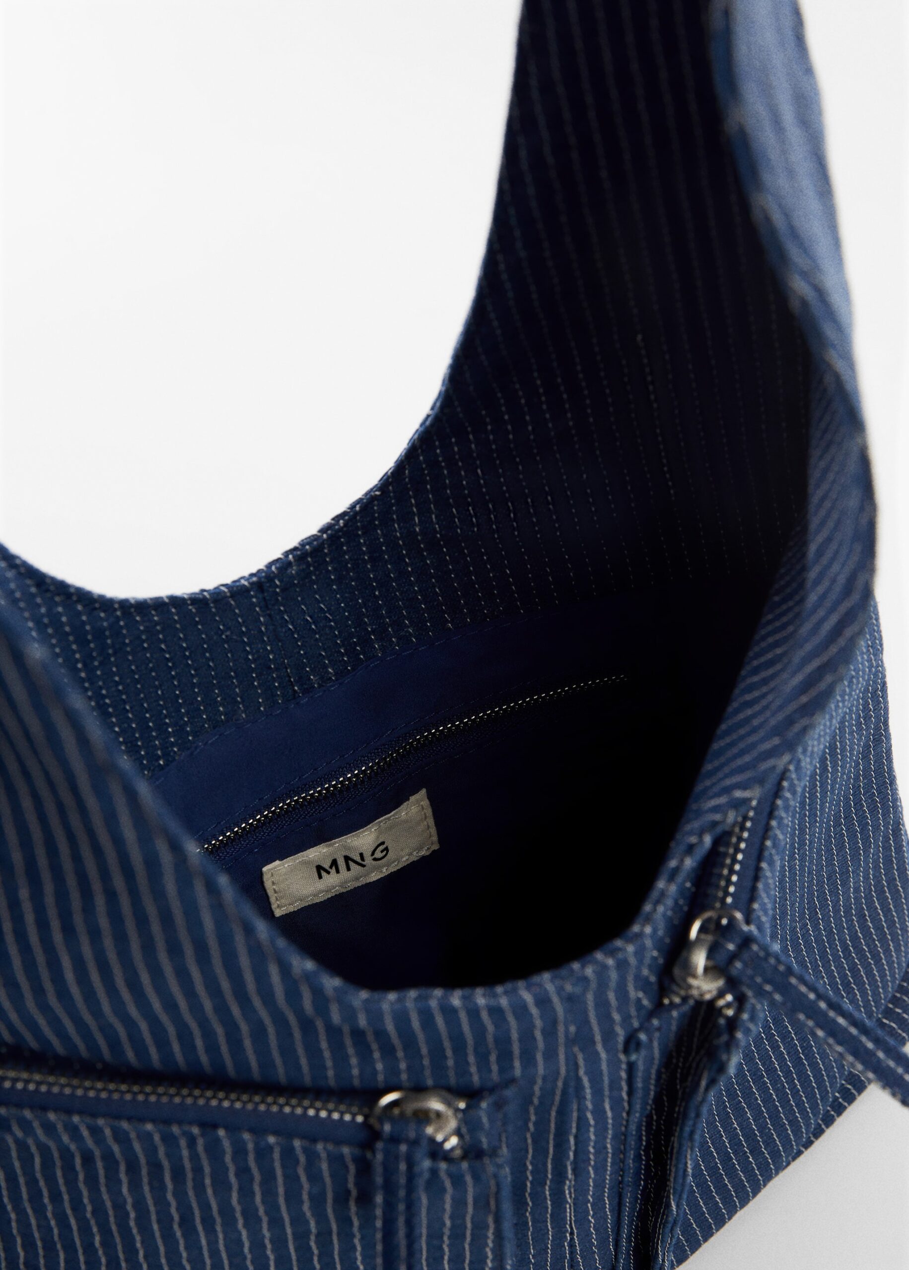 Blue pinstriped fabric bag with zipper