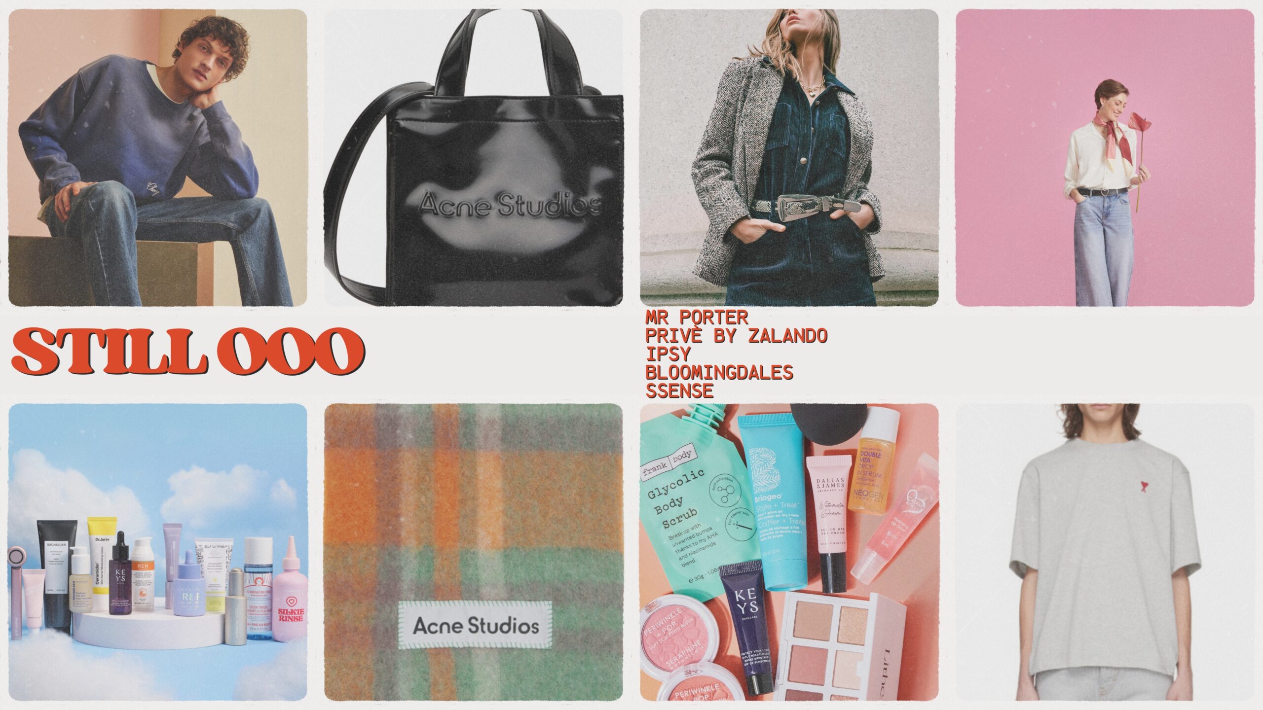 Collage of fashion, skincare, and accessories by Acne Studios