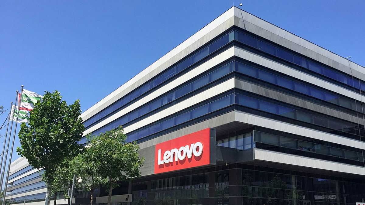 Lenovo corporate building with flags and trees
