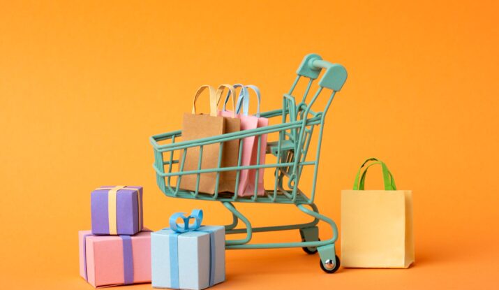 Shopping cart with bags and gift boxes