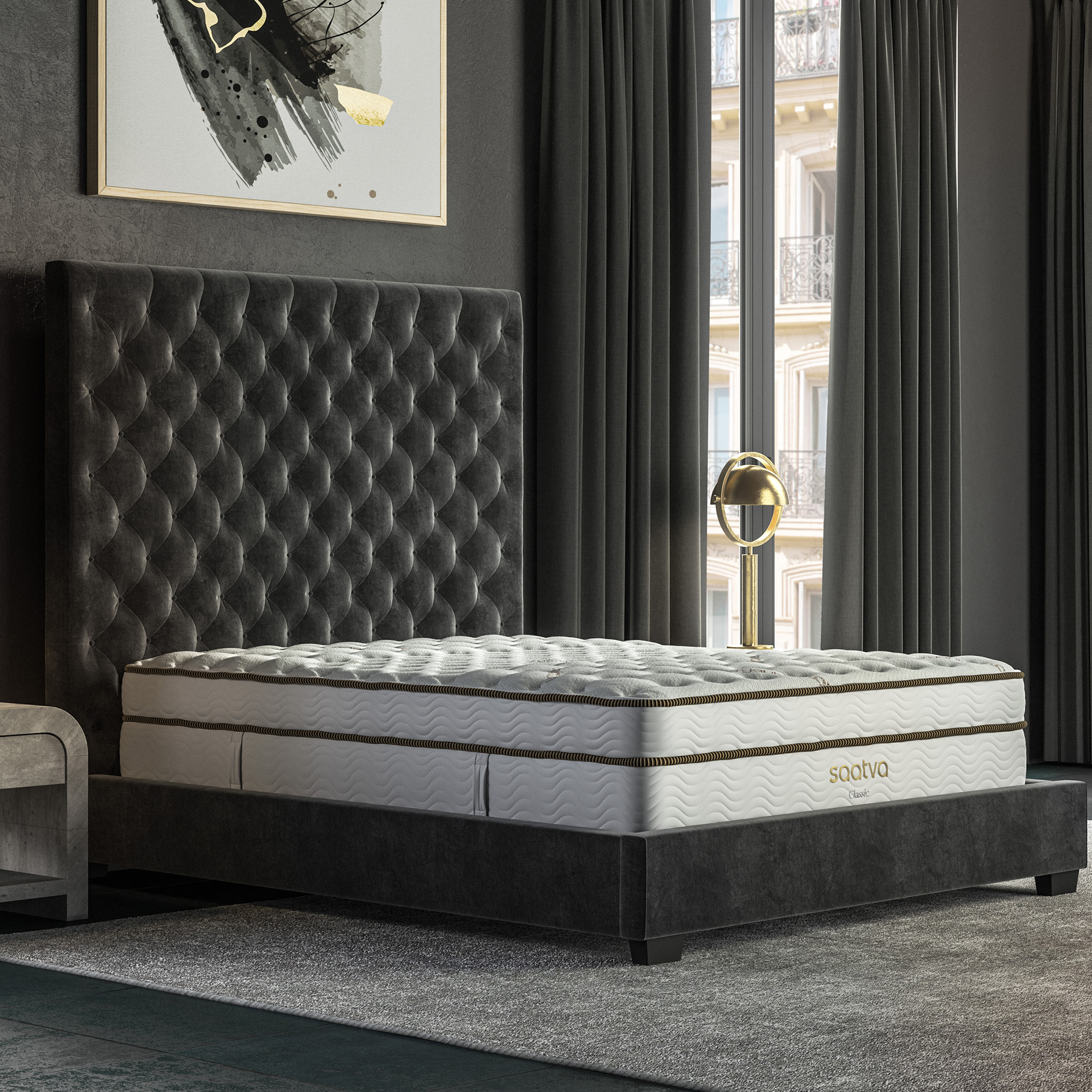 Luxurious dark velvet bed with Saatva mattress