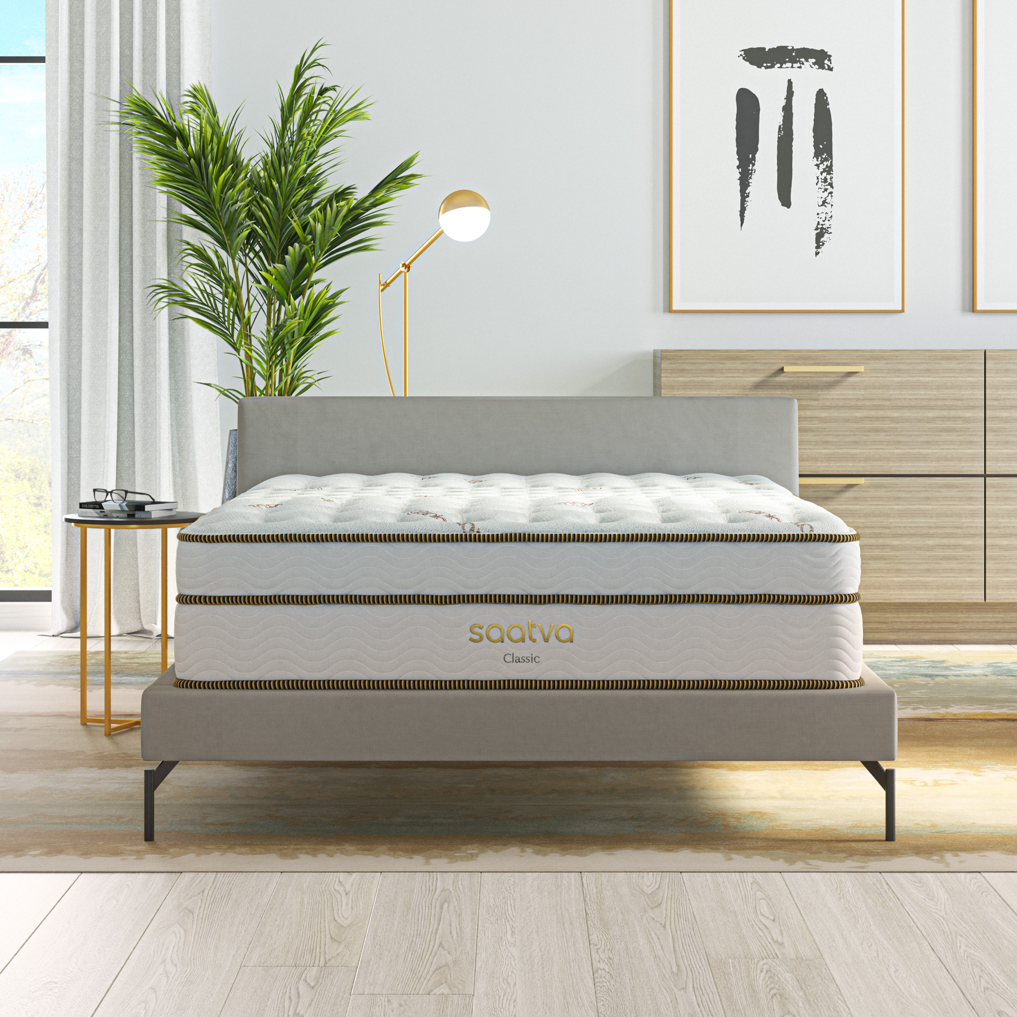 Saatva Classic mattress on modern bed in bedroom