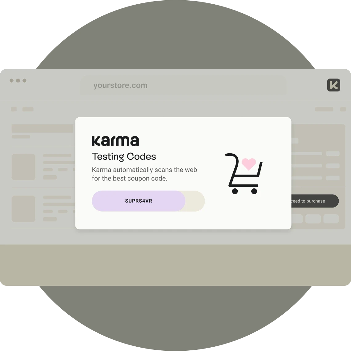 Karma app showing coupon code SUPRS4VR with shopping cart icon