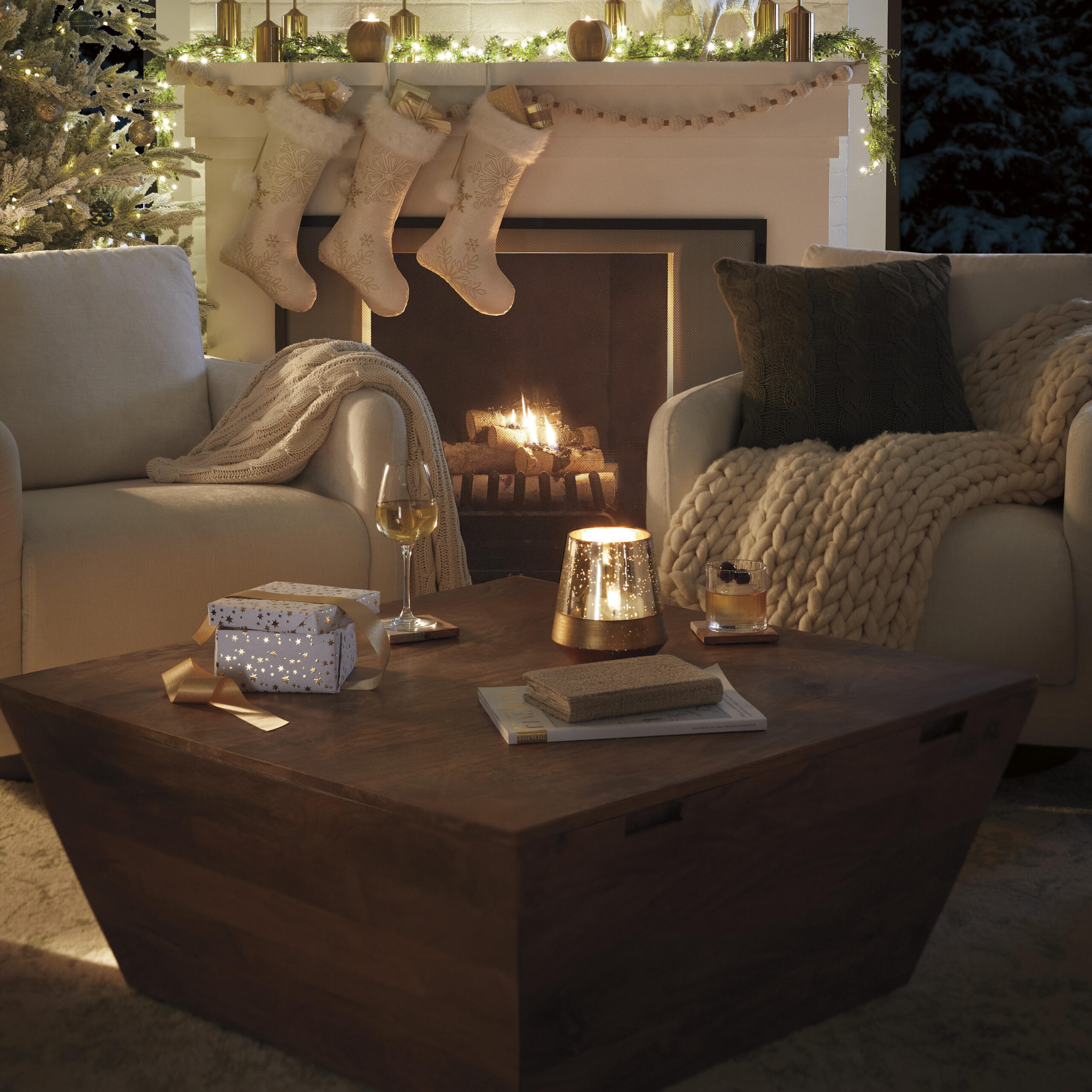 Cozy Christmas living room with fireplace and stockings