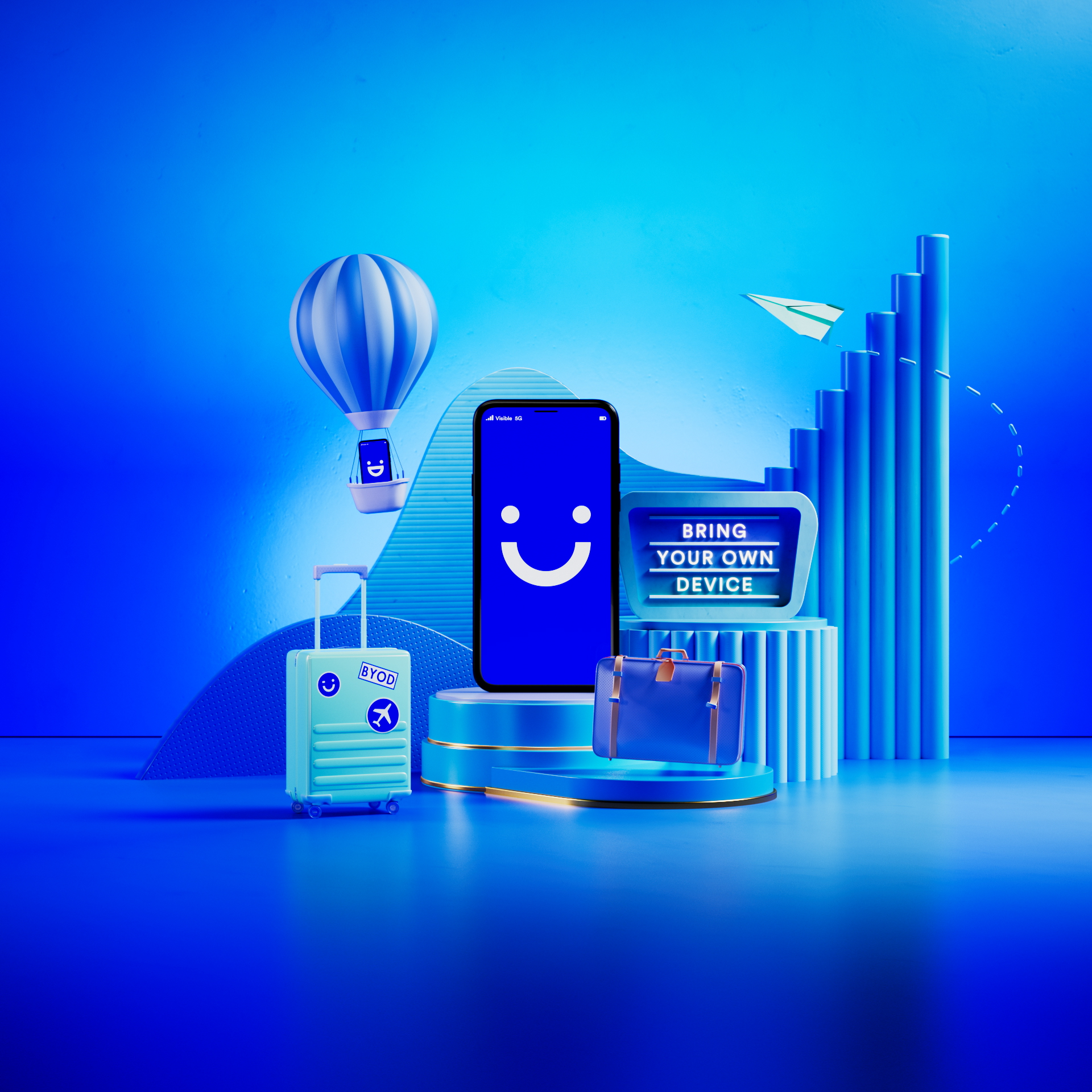 Blue travel-themed tech setup with smartphone and luggage