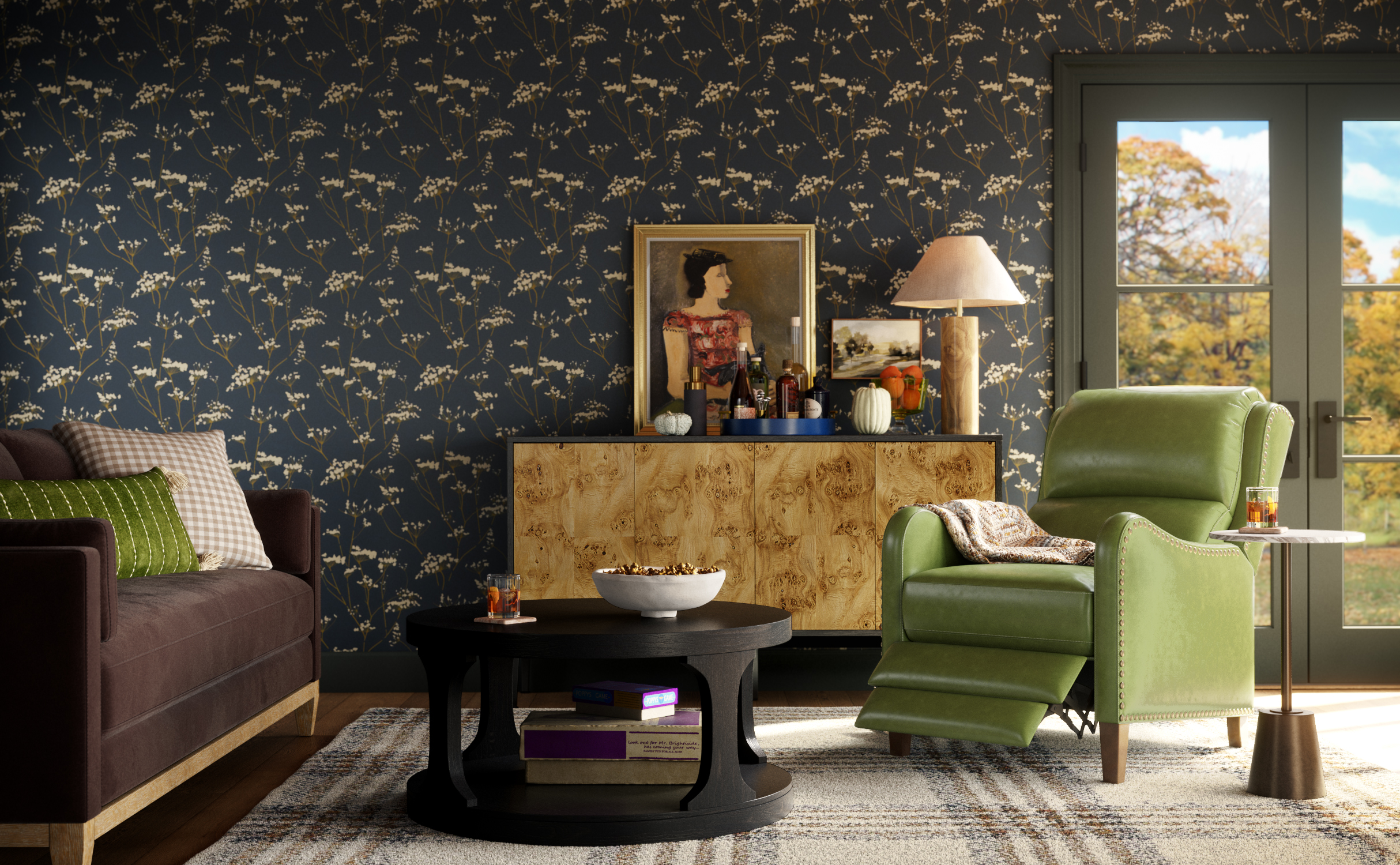Cozy living room with green recliner and floral wallpaper