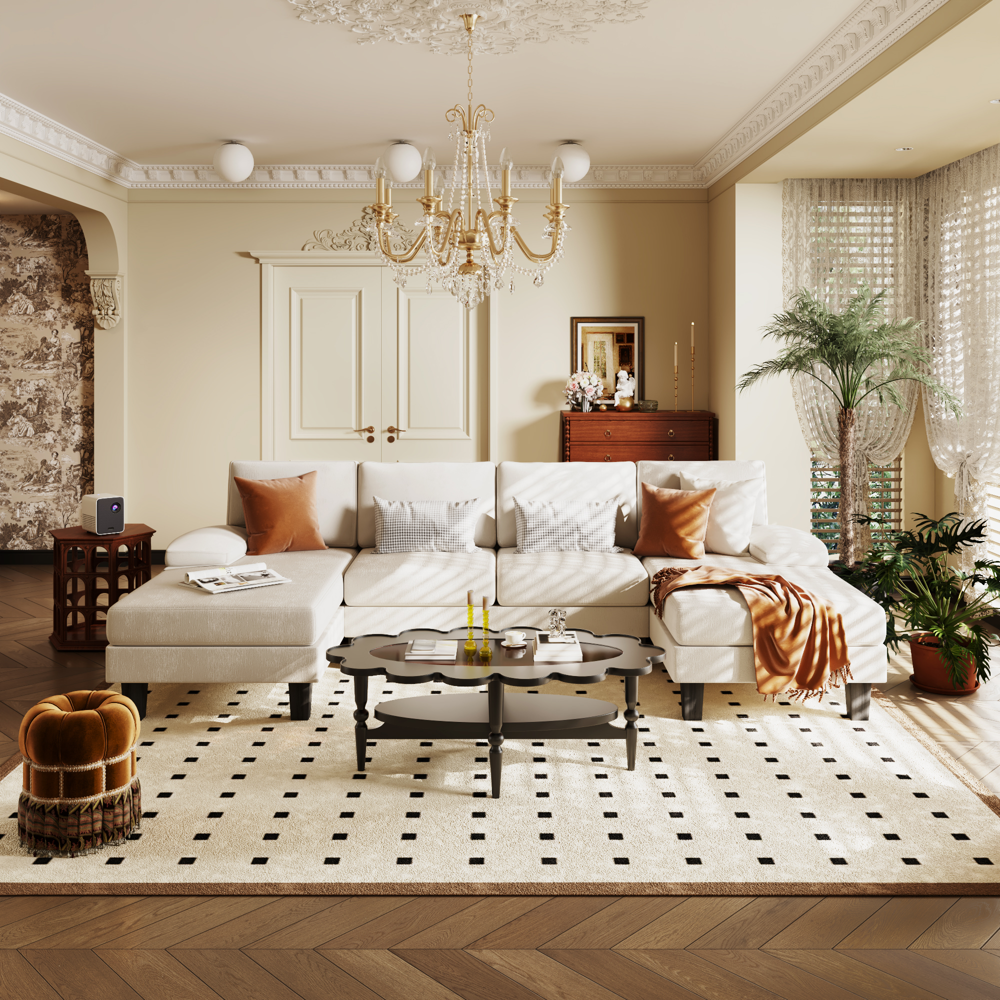 Elegant living room with cream sofa and chandelier