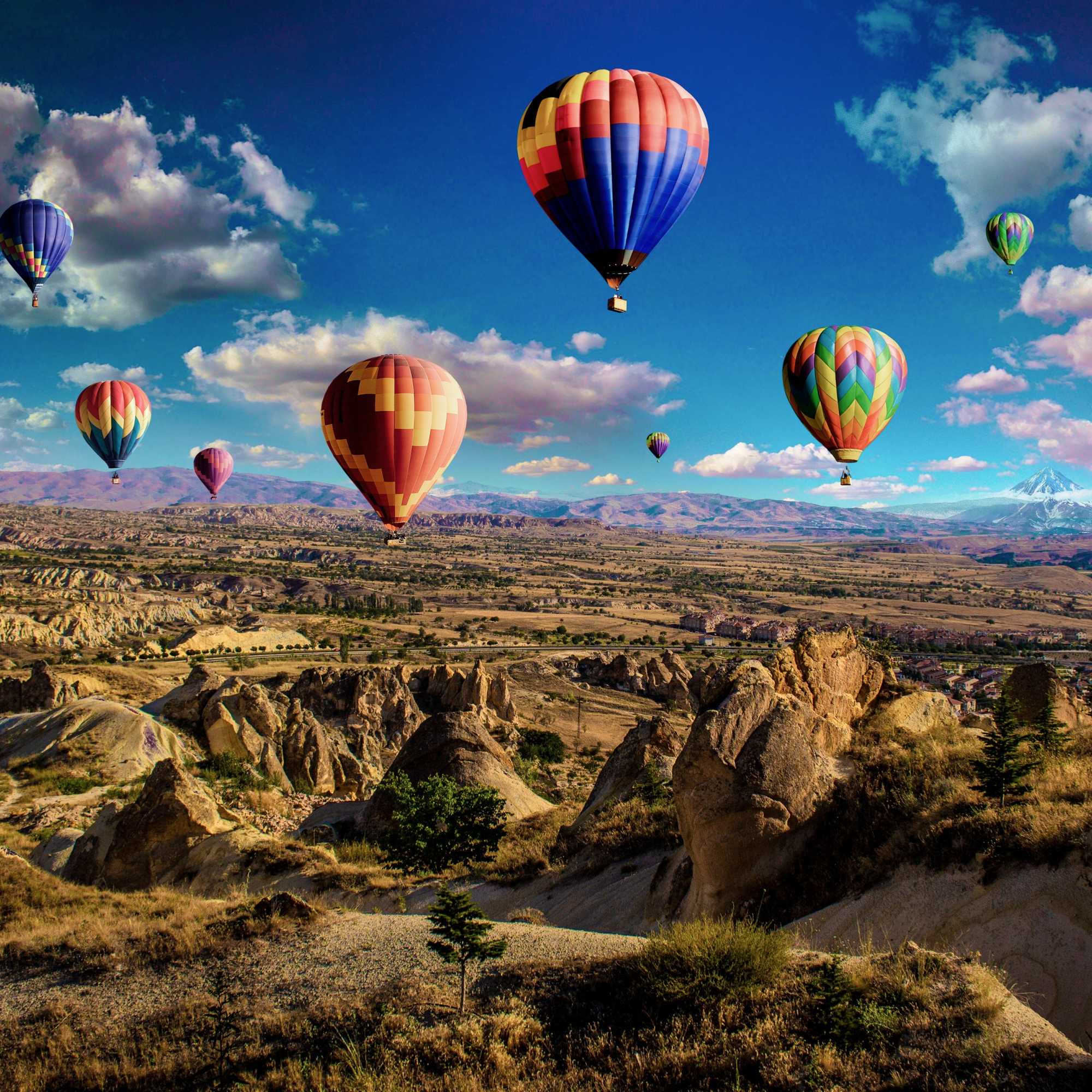 Colorful hot air balloons over rocky landscape and mountains