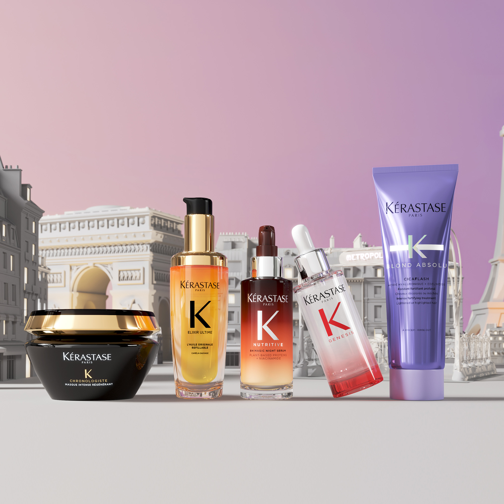 Five Kérastase hair care products with Parisian backdrop
