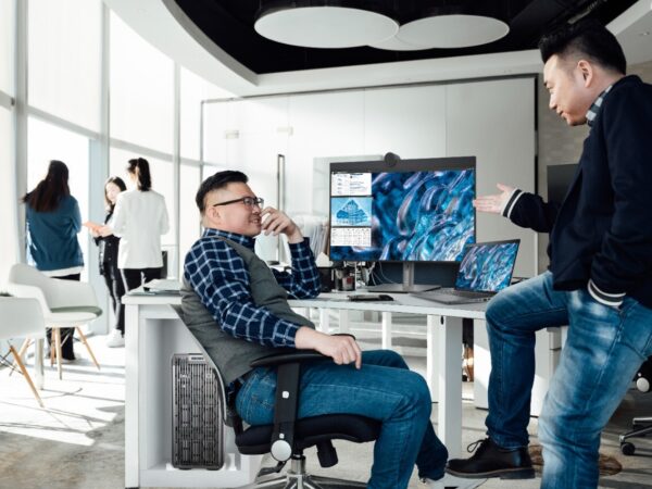 Two men discussing at workstation with computer screen