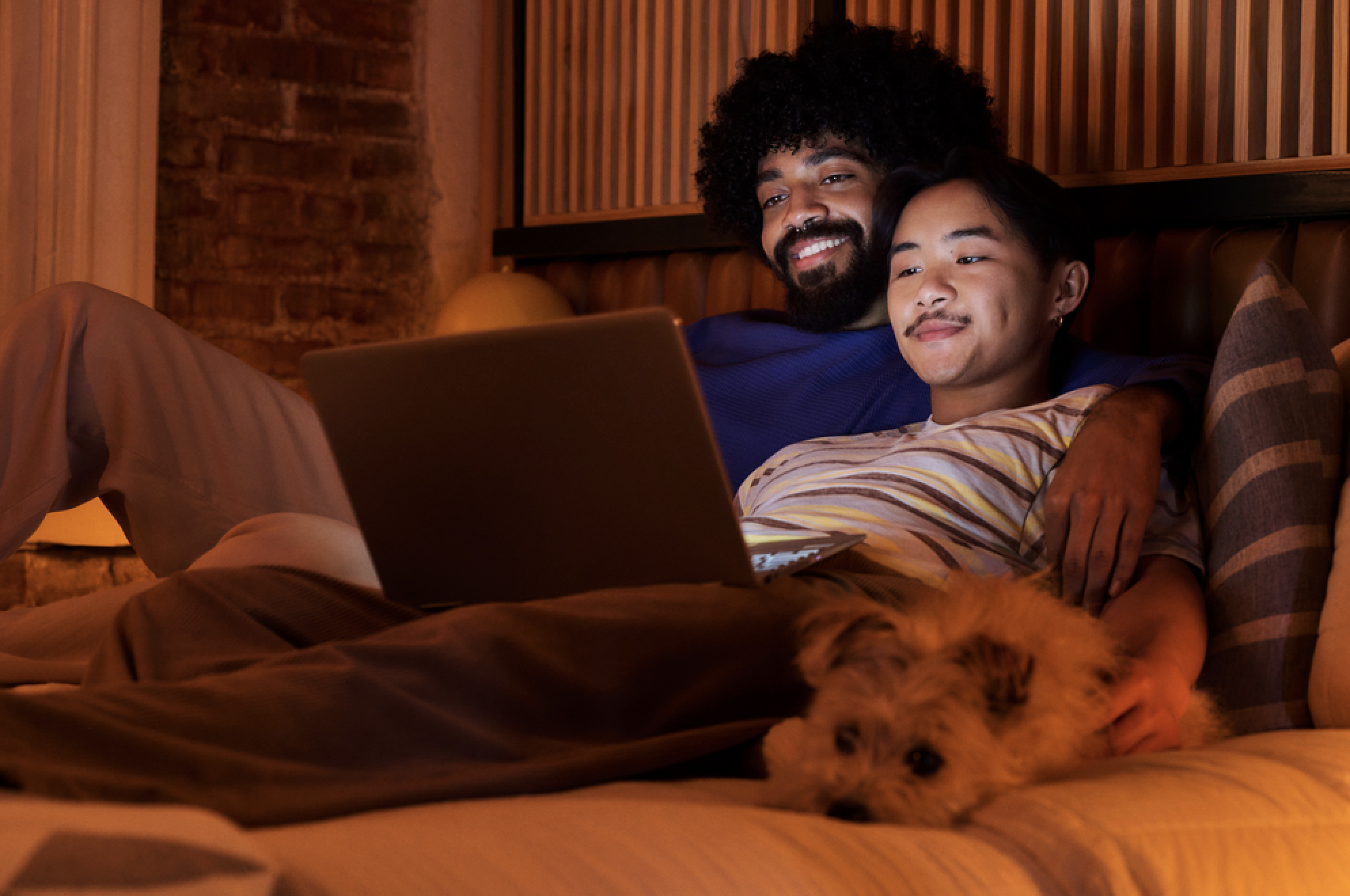 Couple watching laptop with dog on couch