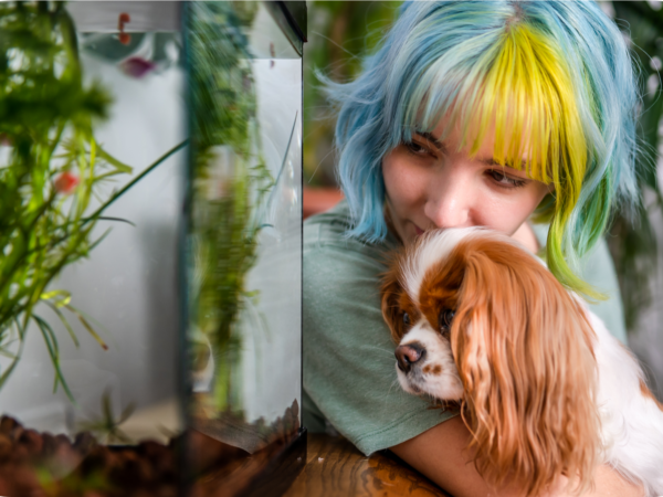 Person with colorful hair hugging a dog near fish tank