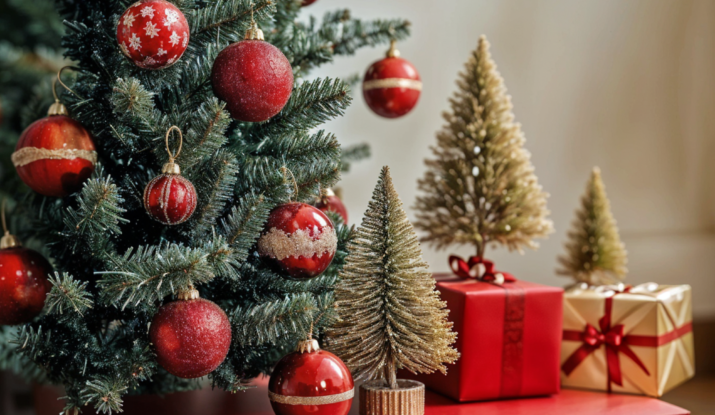 Christmas tree with red ornaments and gifts