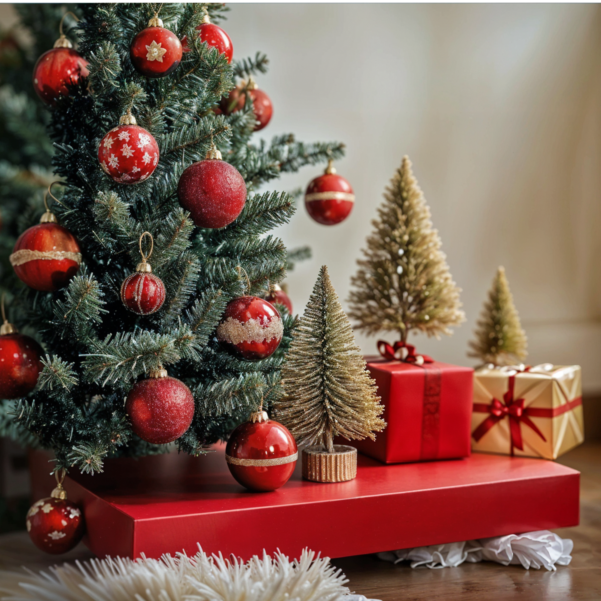 Christmas tree with red ornaments and gifts