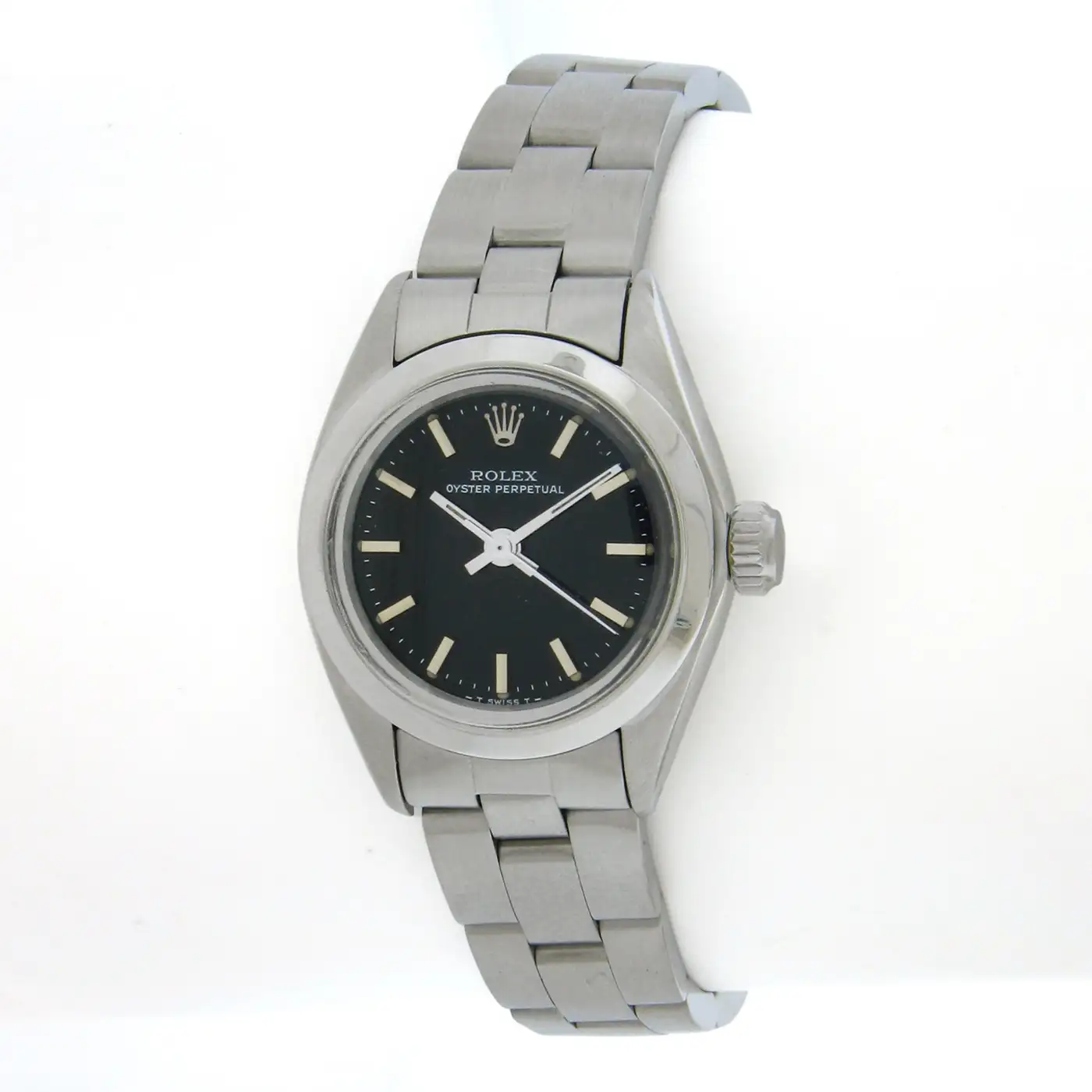 Silver Rolex Oyster Perpetual watch with black dial