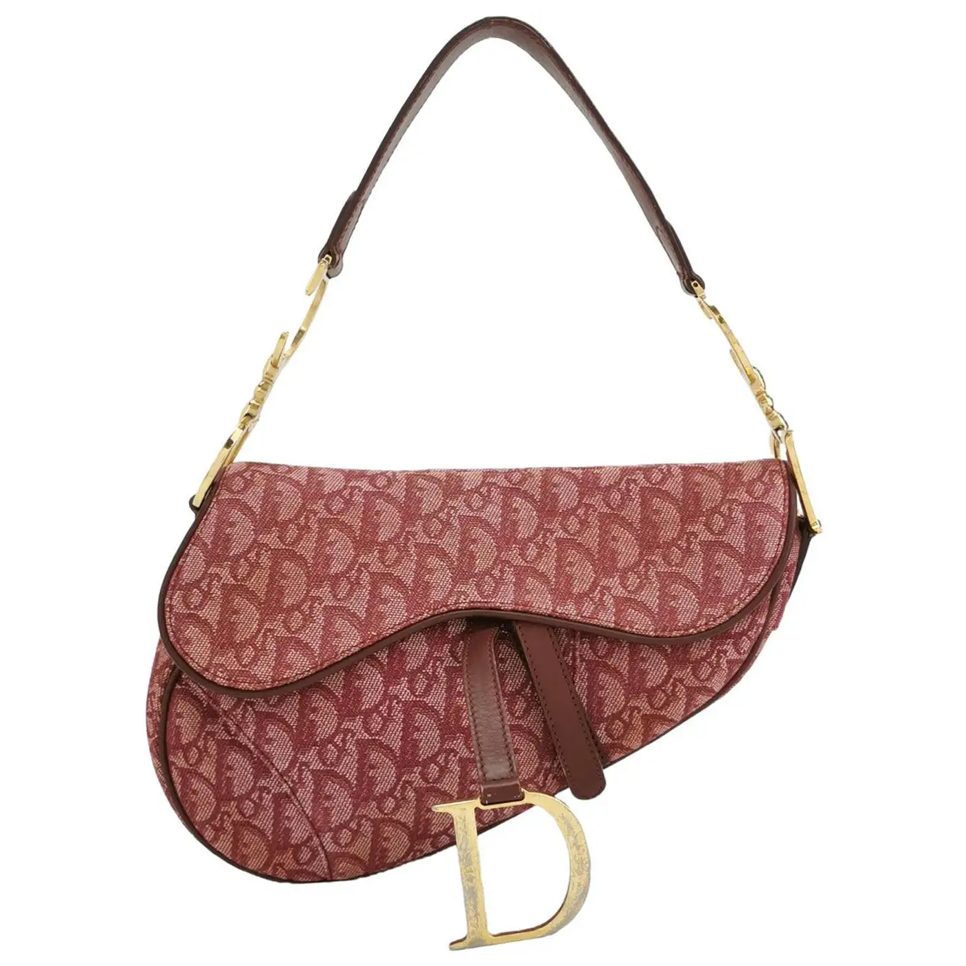 Red Dior saddle bag with gold D charm