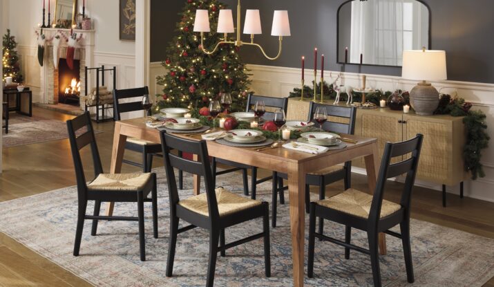 Christmas dining room with decorated table and tree