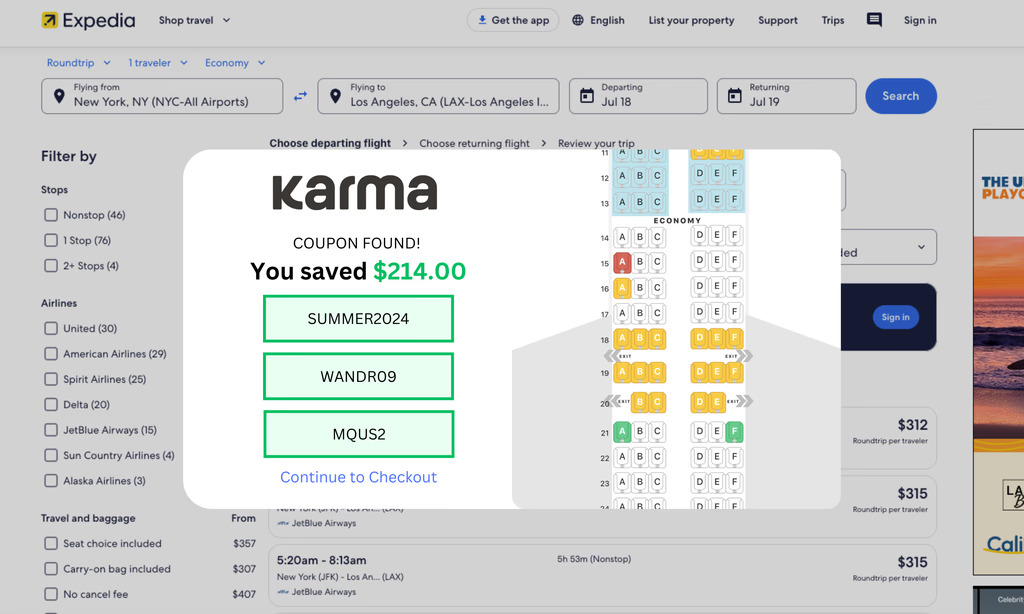 Karma coupon saved $214 on Expedia flight booking