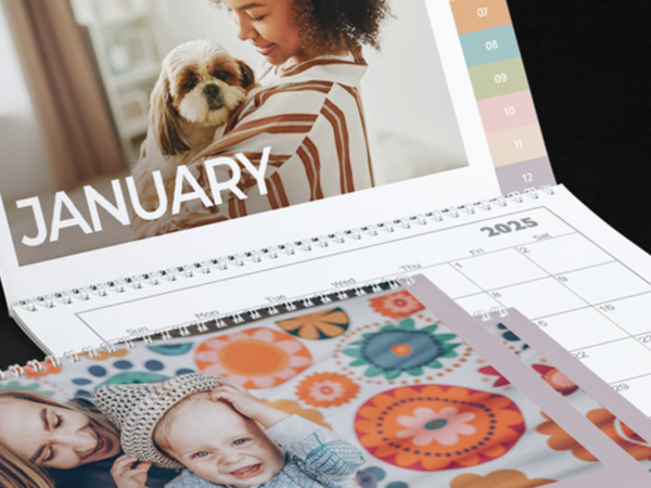 2025 calendar with photos of woman and dog, mother and baby