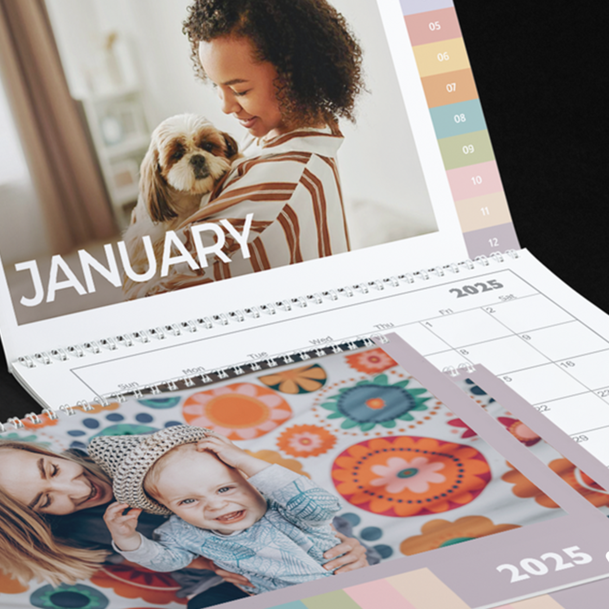 2025 calendar with photos of woman and dog, mother and baby