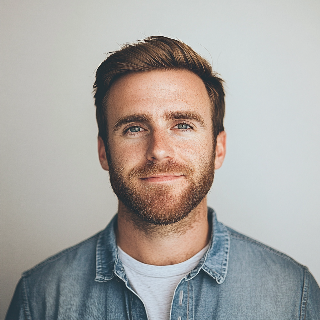Smiling man with beard wearing denim shirt