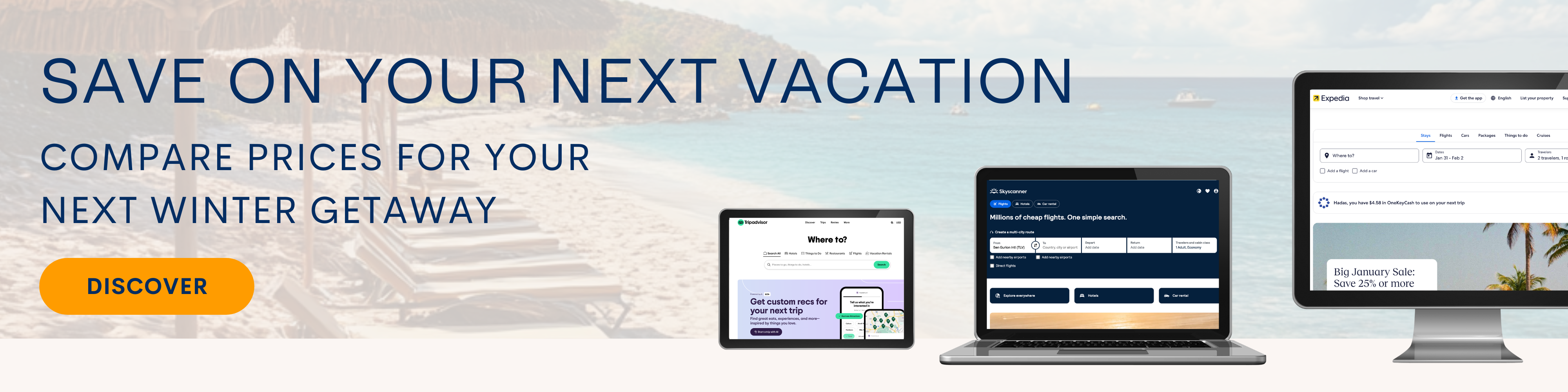 Beach vacation advertisement with electronic devices showing travel sites