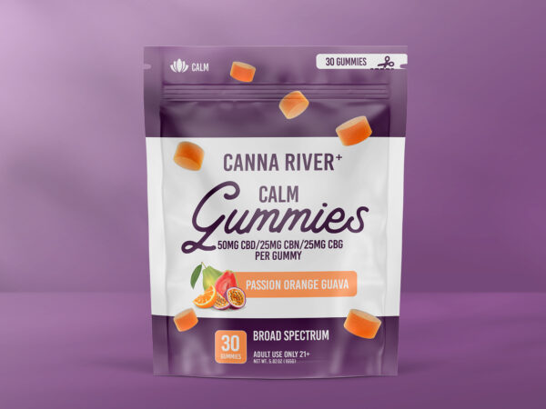 Purple and white package of calm gummies with fruit illustrations