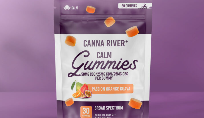 Purple and white package of calm gummies with fruit illustrations