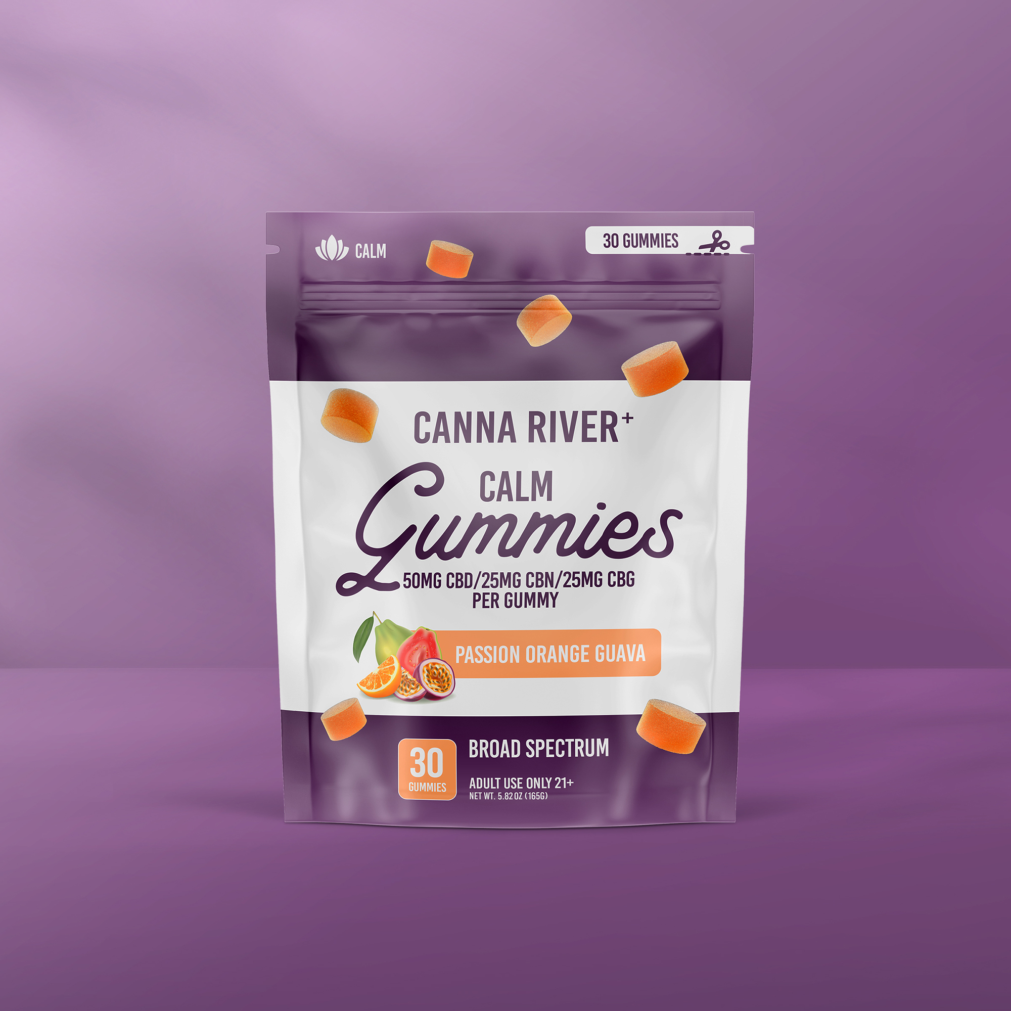 Purple and white package of calm gummies with fruit illustrations
