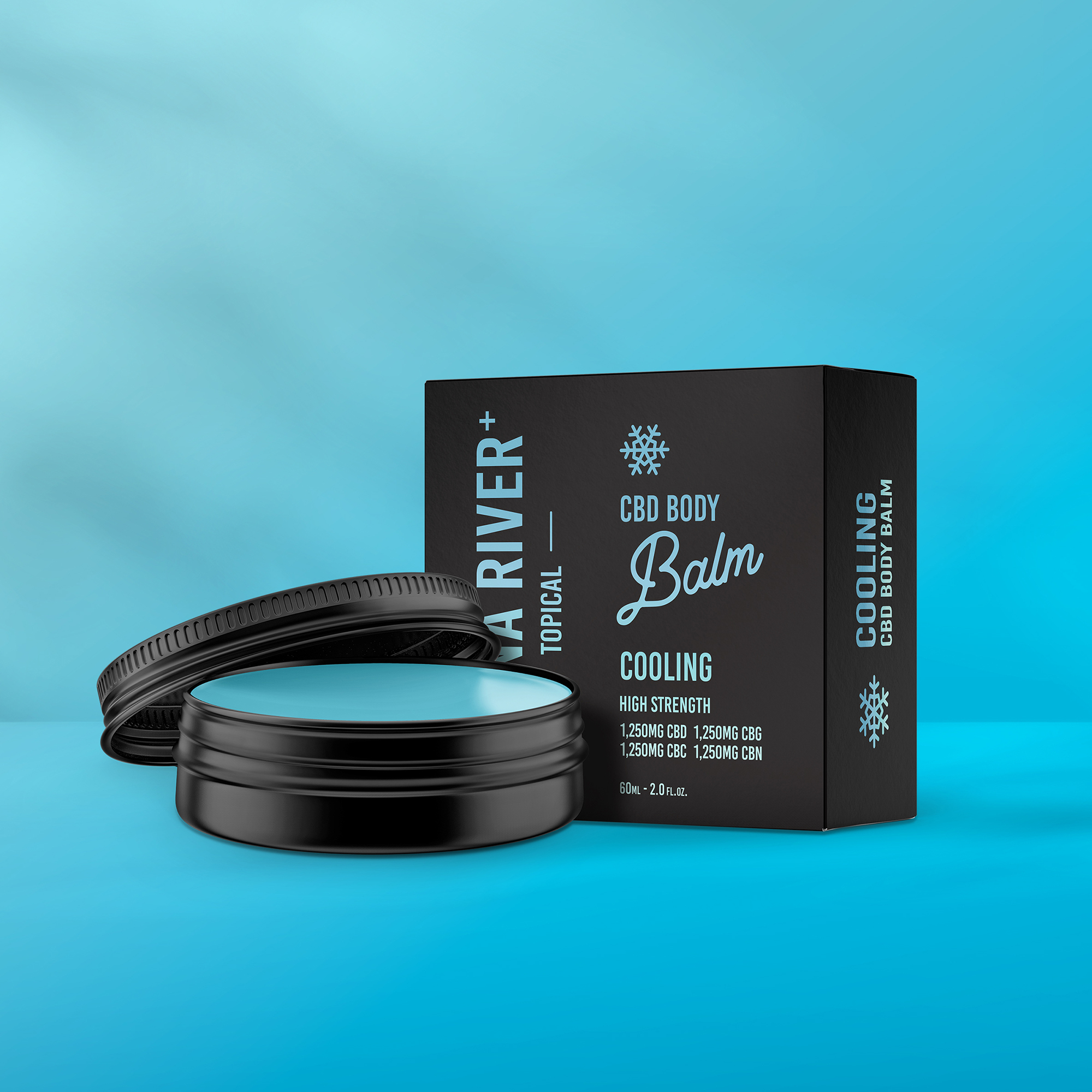 Black CBD body balm container and box on blue background