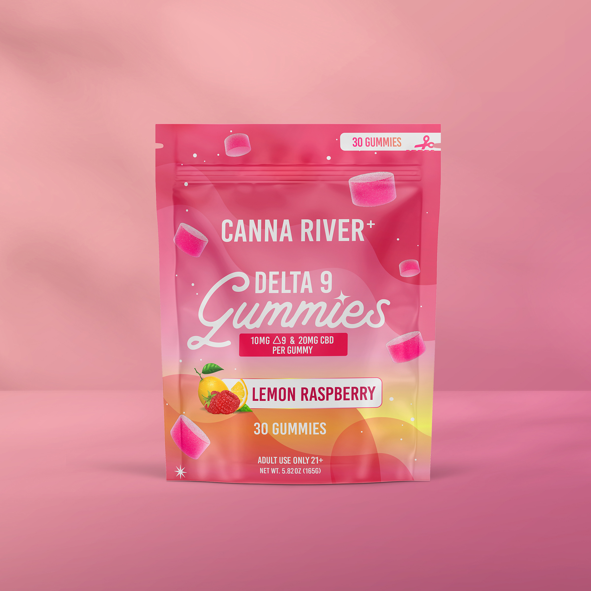 Pink package of lemon raspberry Delta 9 gummies